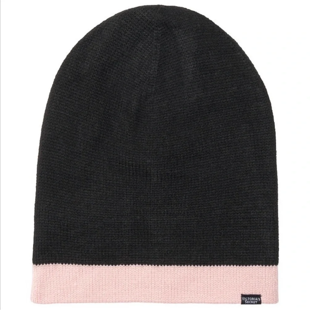 NWT Victoria's Secret Signature Pink and Black Stripe Reversible Beanie